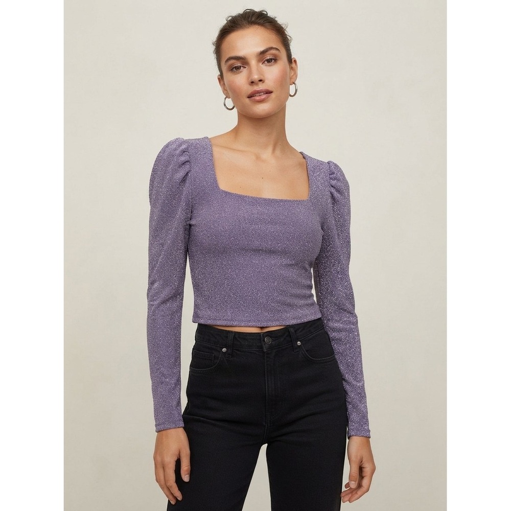 H&M Purple Sparkle Metallic Long Sleeve Square Neck Puff Sleeve Top M Holiday
